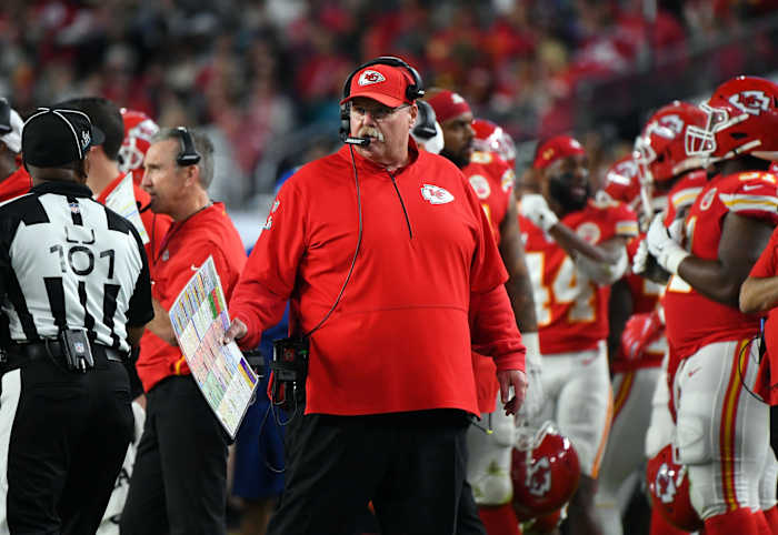 Feb 2, 2020; Miami Gardens, Florida, USA; Kansas City Chiefs head coach Andy Reid during the second quarter against the San Francisco 49ers in Super Bowl LIV at Hard Rock Stadium. Mandatory Credit: Robert Deutsch-USA TODAY Sports